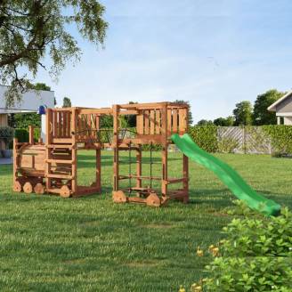 Holzspielplatz Fungoo Loco Express in Teakfarbe mit Rutsche, Brücke und Kinderzug.