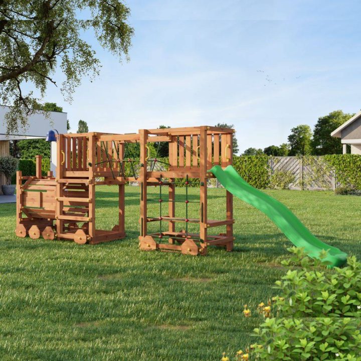 Holzspielplatz Fungoo Loco Express in Teakfarbe mit Rutsche, Brücke und Kinderzug.