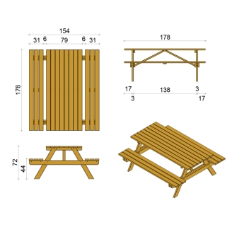 Happytime 35mm Holzbank Picknicktisch Biergartengarnitur für Garten und Terrasse 180 x 150 x 70 cm