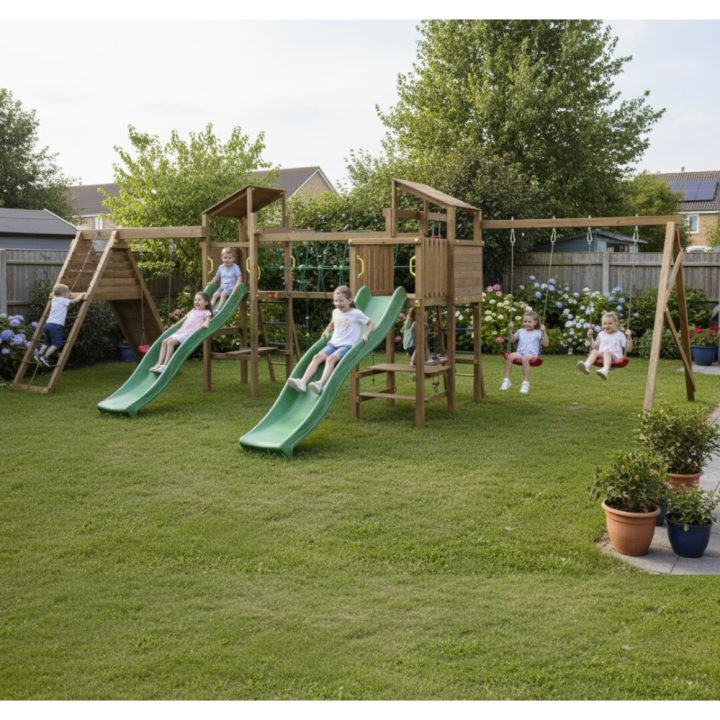 Playland BigFun TGG Play Holzspielplatz mit 3 Schaukeln, 2 Rutschen, Klettergerüst, Picknicktisch