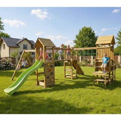 Fungoo Optimizer Holzspielplatz mit Rutsche, Schaukeln, Klettergerüst und Kinderküche