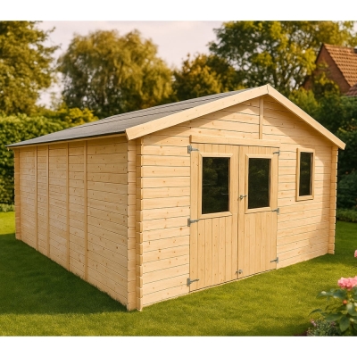 Gartenhaus Beatrice 4x5 m mit Doppeltür und Fenster – Blockbohlenhaus aus naturbelassener Fichte 25 mm