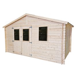 Gartenhaus Greta 4x4 m mit doppelflügeliger verglaster Tür und Fenster – Blockbohlenkonstruktion 25 mm