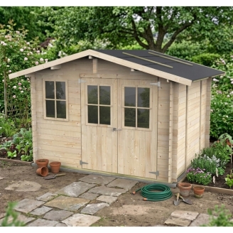 Holz-Gartenhaus Olivia 3x2,5 m Blockhaus 25 mm mit Boden, Doppeltür mit Fenstern und Fenster