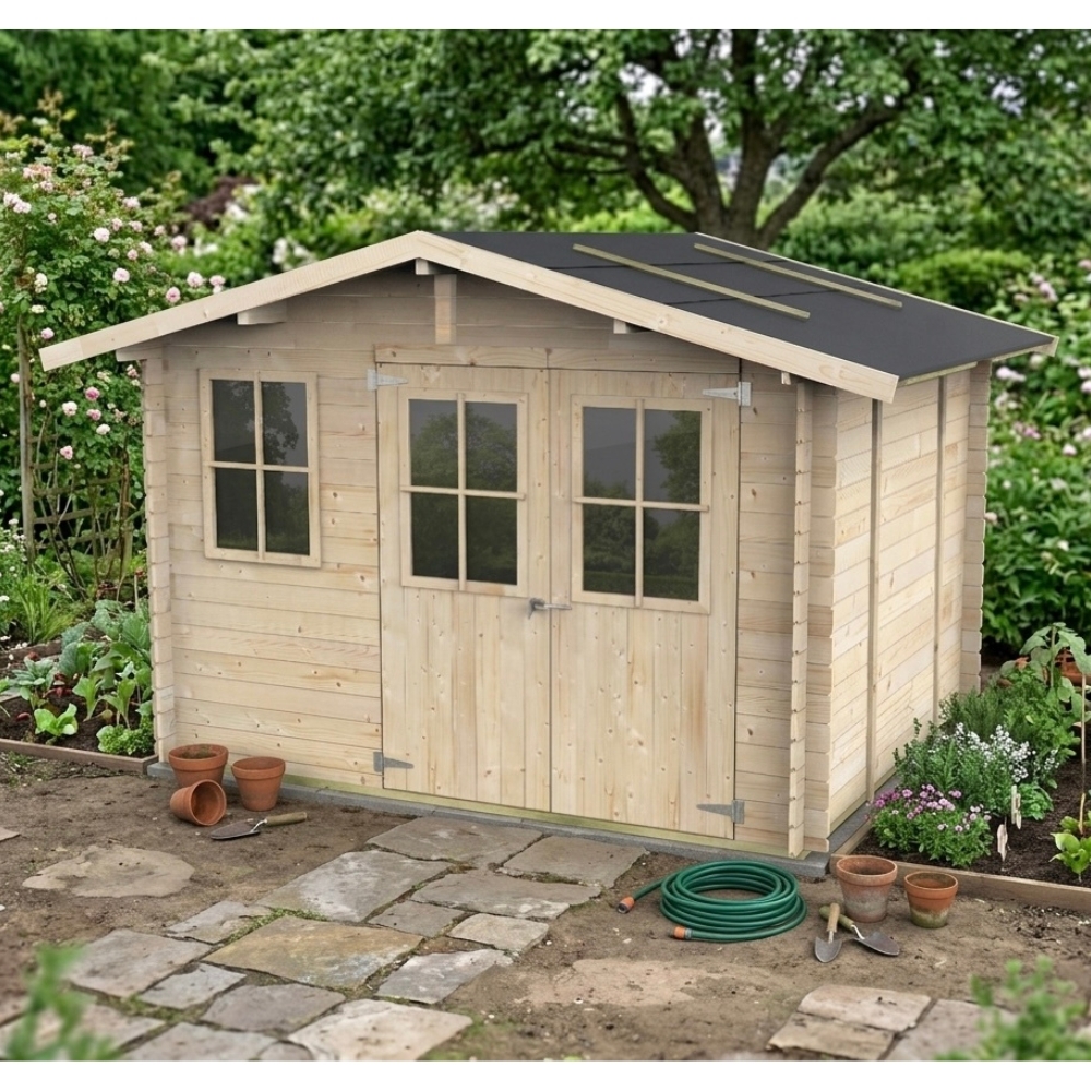 Holz-Gartenhaus Olivia 3x2,5 m Blockhaus 25 mm mit Boden, Doppeltür mit Fenstern und Fenster