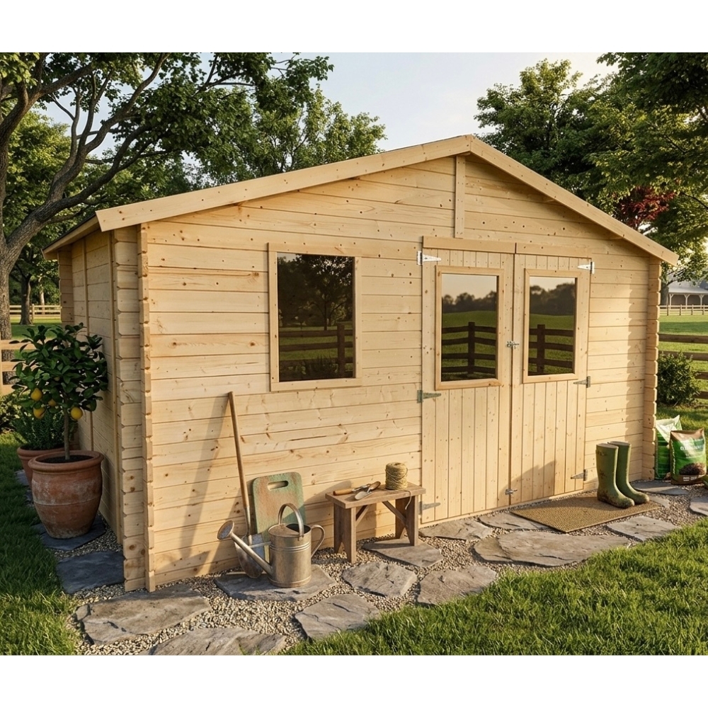 Holz-Gartenhaus Diana 4x2,5 m Blockhaus 25 mm mit Doppeltür mit Fenstern und Fenster