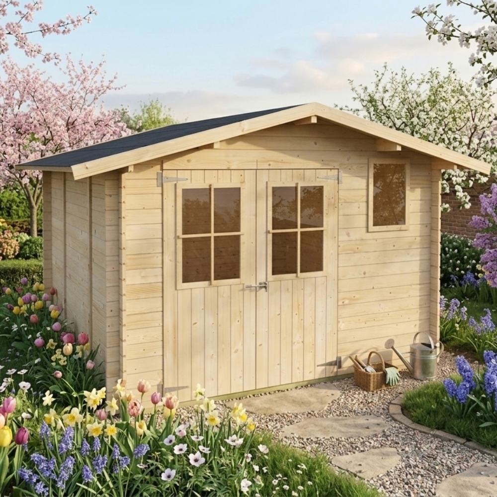 Holz-Gartenhaus Matilde 3x3 m Blockhaus 25 mm mit Boden, Doppeltür mit Fenstern und Fenster