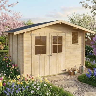 Holz-Gartenhaus Matilde 3x3 m Blockhaus 25 mm mit Boden, Doppeltür mit Fenstern und Fenster
