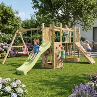Fungoo Maxi Exposure Holzspielplatz mit Rutsche, Schaukeln, Brücke und Klettergerüst