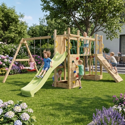 Fungoo Maxi Exposure Holzspielplatz mit Rutsche, Schaukeln, Brücke und Klettergerüst