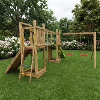 Fungoo Maxi Exposure Holzspielplatz mit Rutsche, Schaukeln, Brücke und Klettergerüst