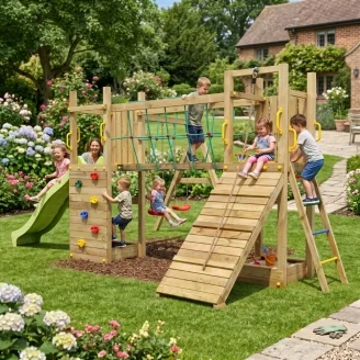 Fungoo Maxi Exposure Holzspielplatz mit Rutsche, Schaukeln, Brücke und Klettergerüst