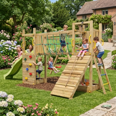 Fungoo Maxi Exposure Holzspielplatz mit Rutsche, Schaukeln, Brücke und Klettergerüst