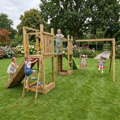 Fungoo Maxi Exposure Holzspielplatz mit Rutsche, Schaukeln, Brücke und Klettergerüst
