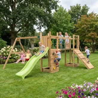 Fungoo Maxi Exposure Holzspielplatz mit Rutsche, Schaukeln, Brücke und Klettergerüst