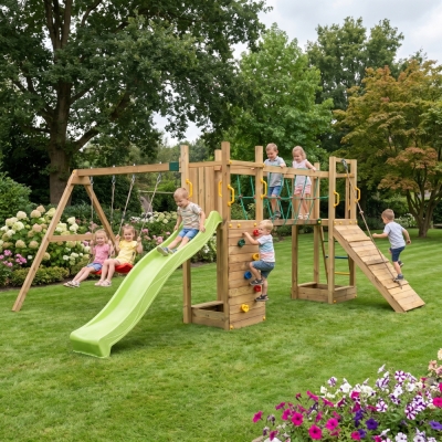Fungoo Maxi Exposure Holzspielplatz mit Rutsche, Schaukeln, Brücke und Klettergerüst